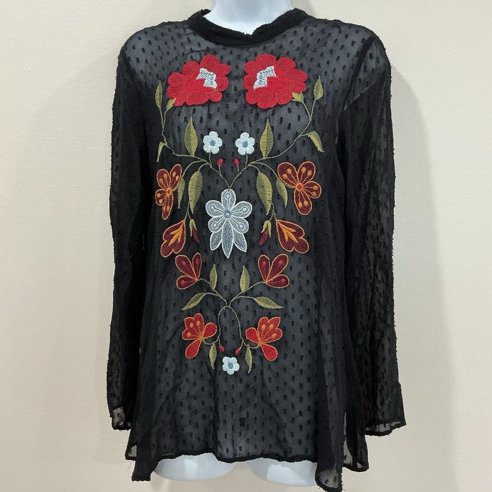 Zara Women Blouse Black Floral Embroidered Blouse Size S Boho Sheer Whimsigoth